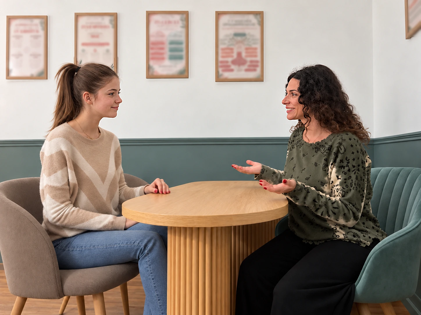 Candice Anzel en séance de coaching avec une adolescente, à son cabinet